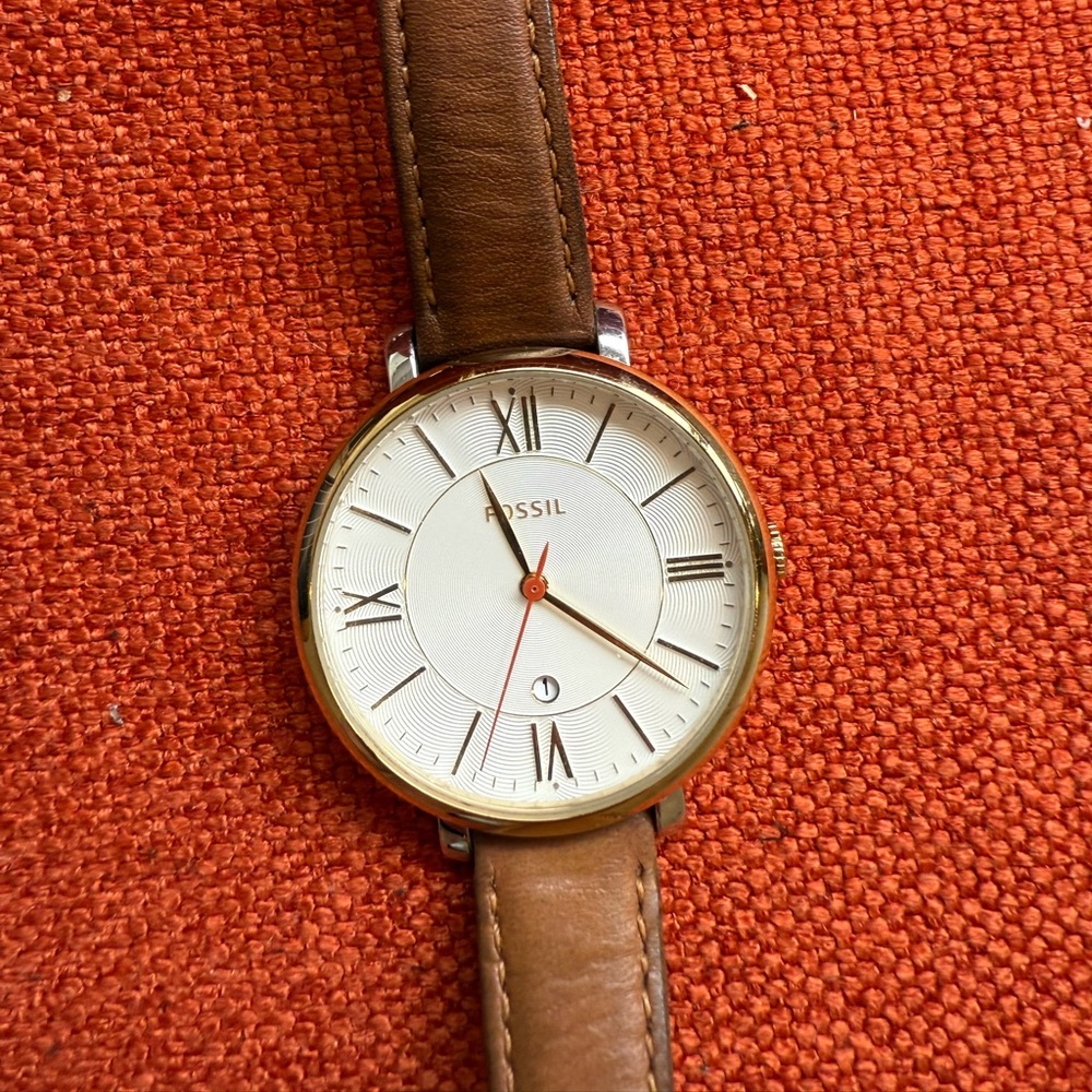 Fossil Gold-Tone Jacqueline Watch with Brown Leather Strap